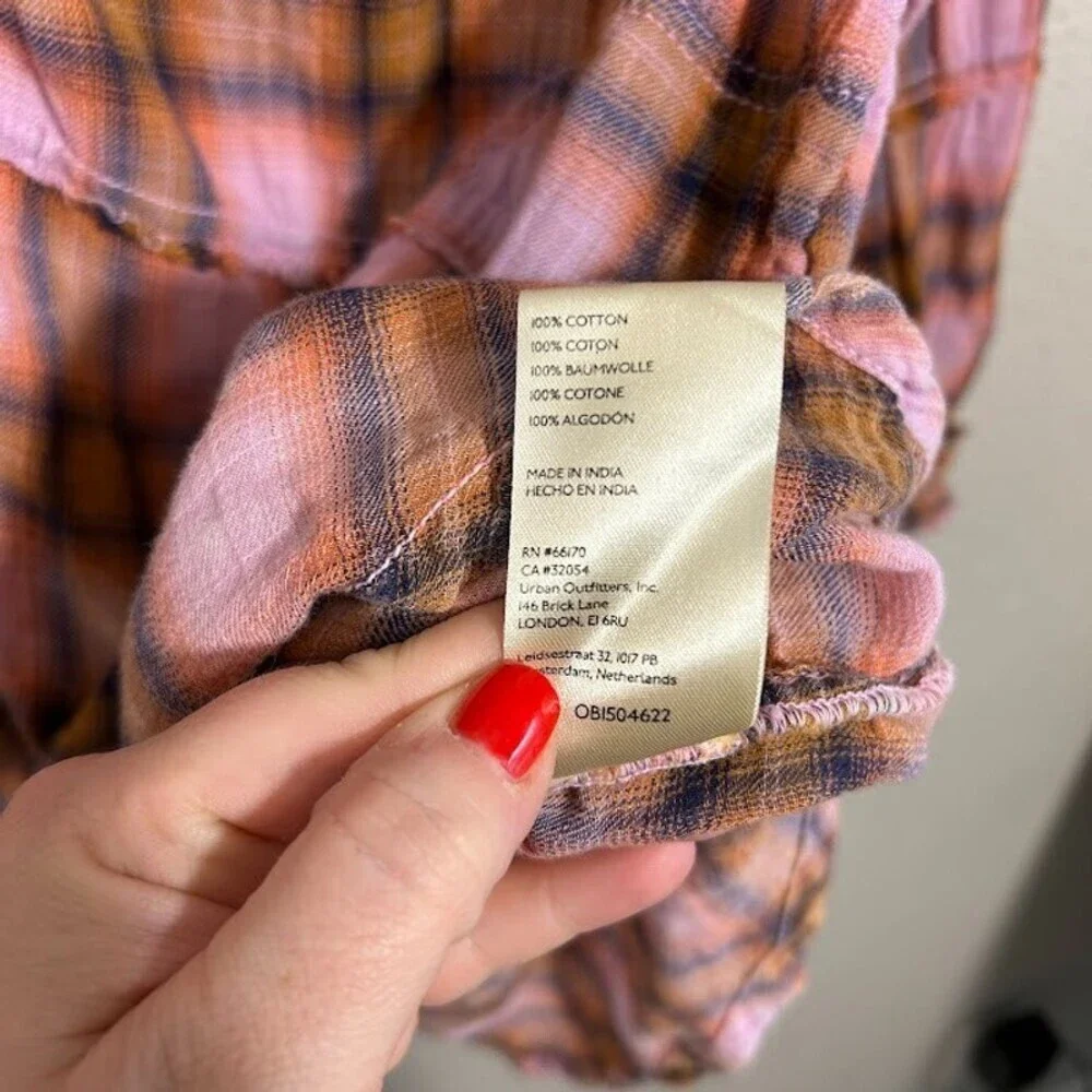 We The Free People One of the Boys Plaid Tunic Shirt S Pink Orange Boxy Popover - Picture 10 of 10